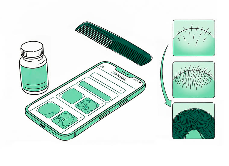 Isometric editorial illustration, single MANUAL green monochrome palette: the app on a phone with progress pho