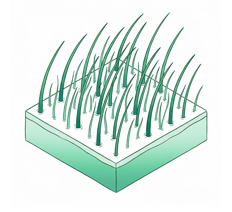 Isometric editorial illustration, single MANUAL green monochrome palette: a scalp block with dense healthy str