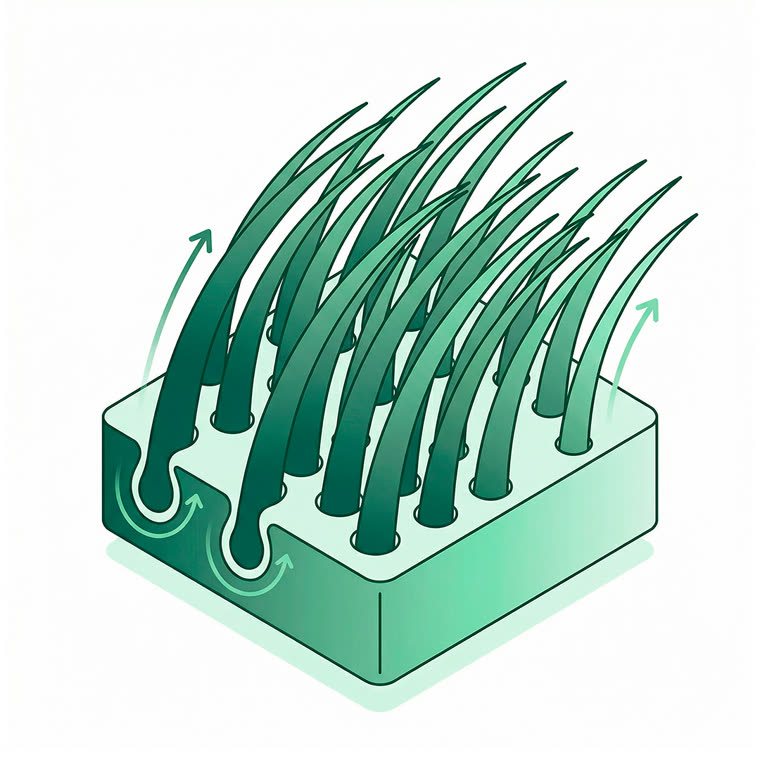 Isometric editorial illustration, single MANUAL green monochrome palette: a scalp block with strands growing u