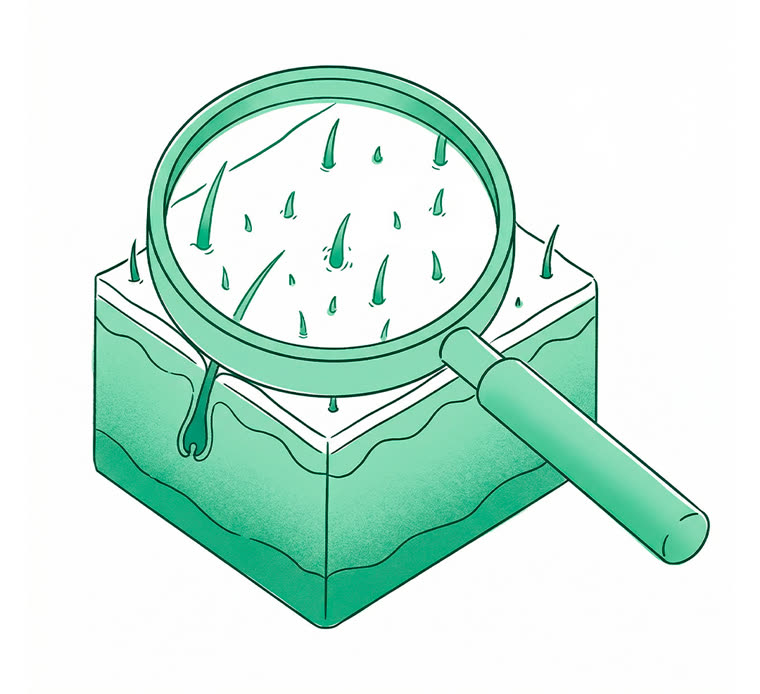 Isometric editorial illustration, single MANUAL green monochrome palette: a magnifying glass over a scalp bloc
