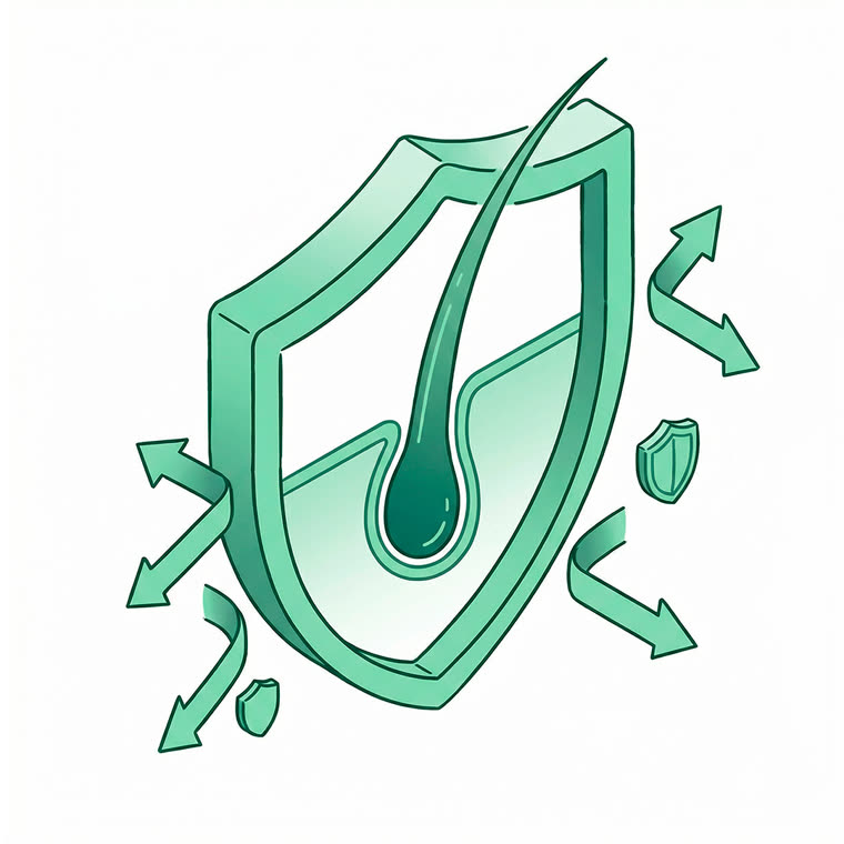 Isometric editorial illustration, single MANUAL green monochrome palette: a shield protecting a hair follicle,