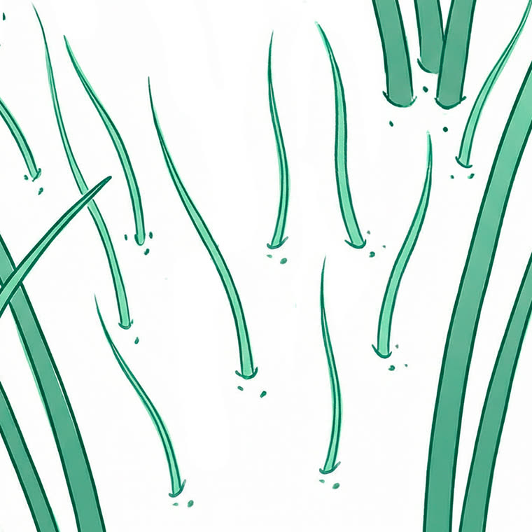 Editorial illustration, single MANUAL green monochrome palette: loose hair strands falling with detached bulbs