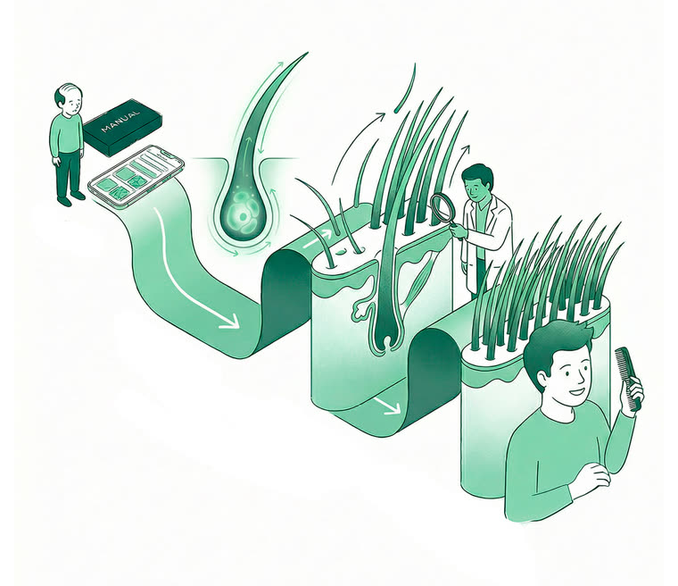 Isometric editorial illustration, single MANUAL green monochrome palette: a wide journey scene with men, folli