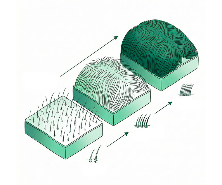 Isometric editorial illustration, single MANUAL green monochrome palette: three scalp blocks in sequence going