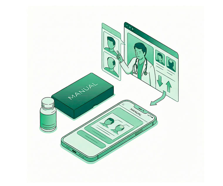 Isometric editorial illustration, single MANUAL green monochrome palette: a doctor on a video call beside the 